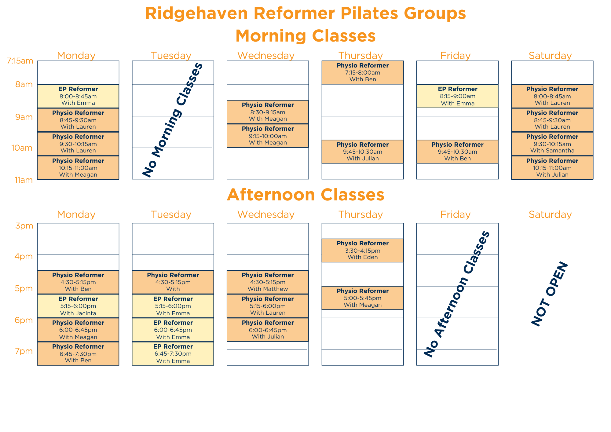 General Reformer Pilates Timetable 28.04.2025